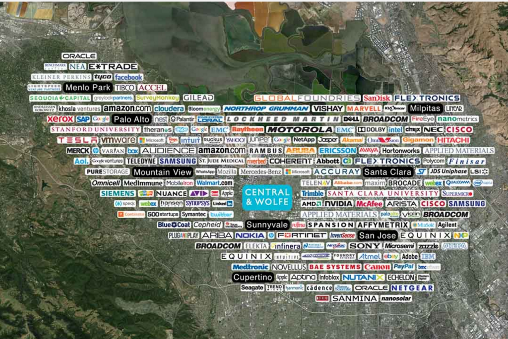 圖為硅谷地區的企業分布地圖。來源：CENTRAL & WOLFE網頁