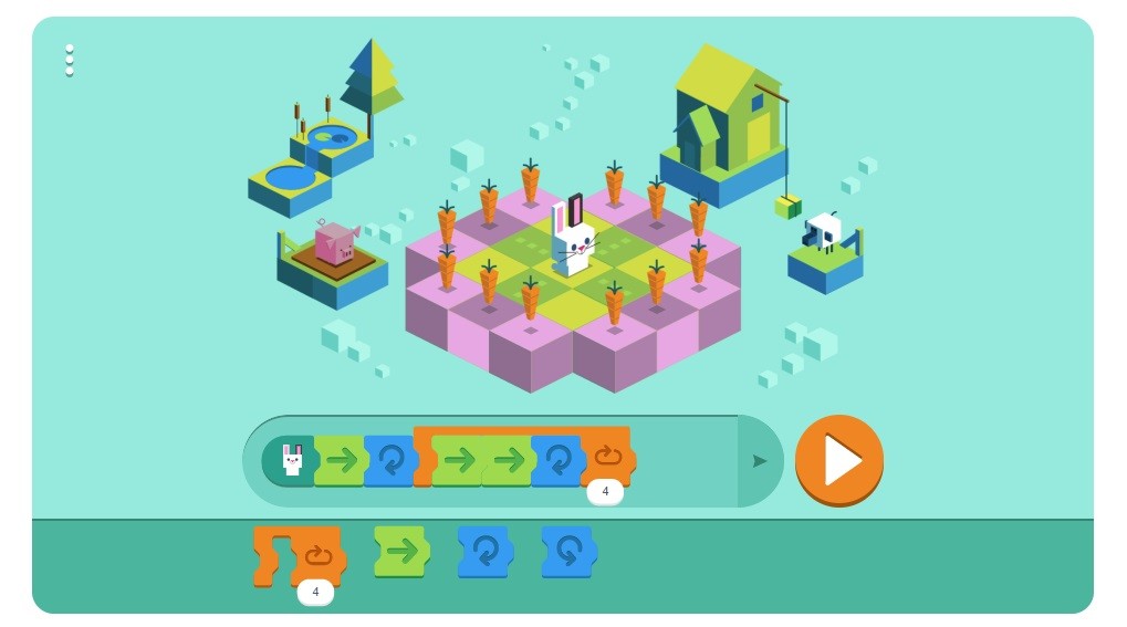 《Coding for Carrots》讓你挑戰如何用程式引導小兔子吃到所有蘿蔔。圖為 Google Doodle 遊戲畫面，慶祝兒童程式語言 50 週年。