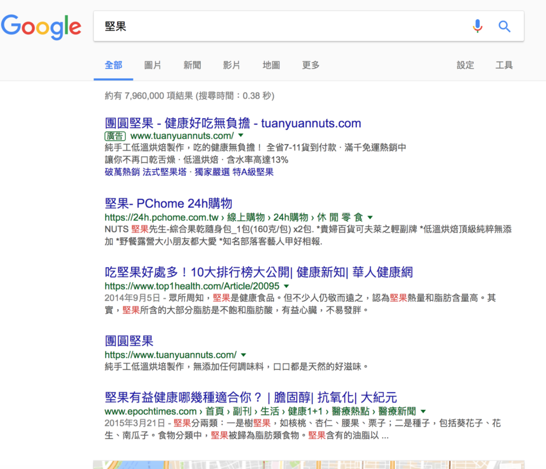 圖片：在 Google 搜尋堅果，團圓堅果是市售堅果品牌中的第一名，所有類別排名第三