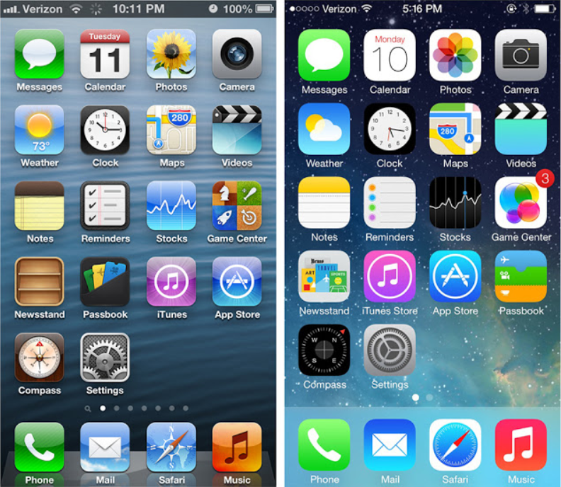 還處於「擬物化設計」的 iOS 6 VS. 採用「扁平化設計」的 iOS 7 (From: 咖尼馬管家的筆記)