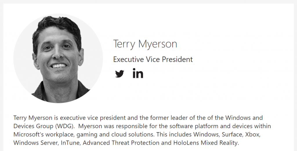 微軟官網 Terry Myerson 職位已經變為前 Windows and Devices 事業部負責人。
