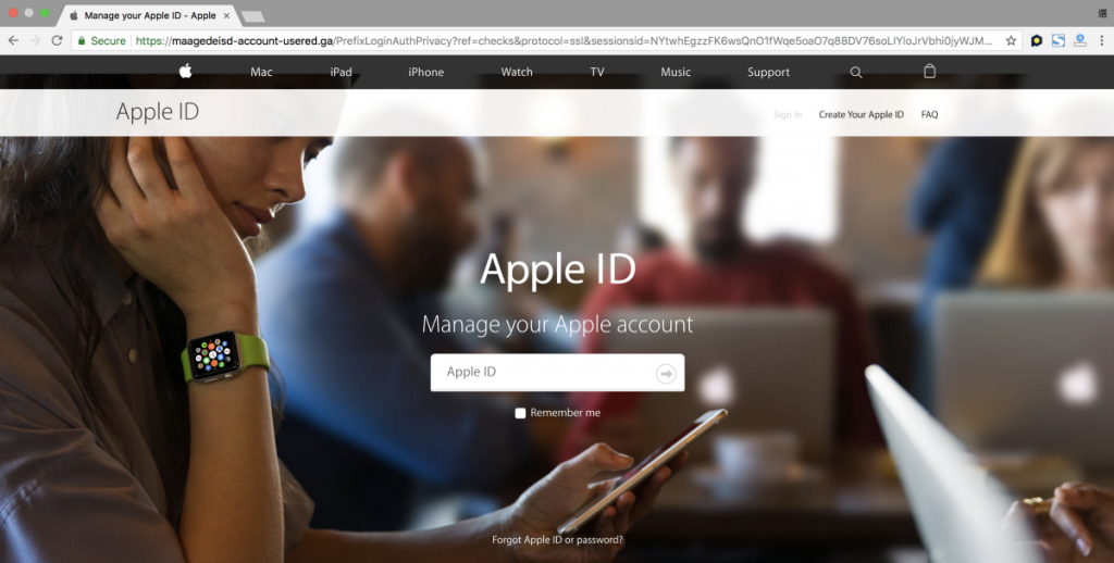 圖：假的Apple ID登入網站，可以看到他的網址根本就不是Apple的，更可怕的是他還申請到HTTPS的憑證（筆者撰文時這網站還在線上）