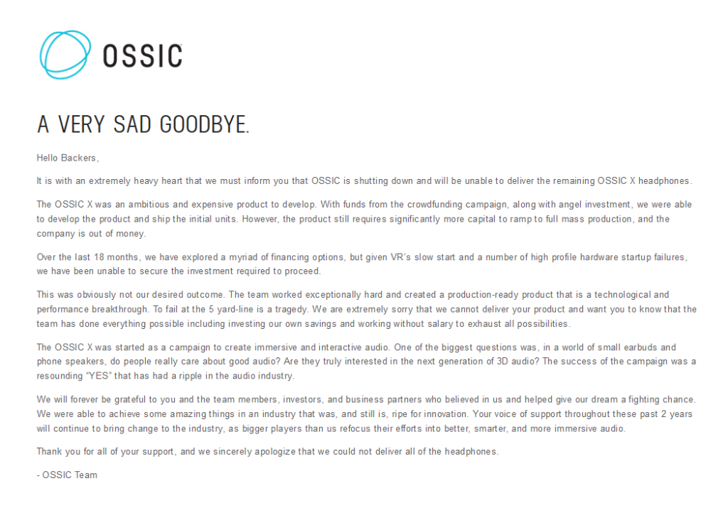 OSSIC 團隊於官網發布關閉說明。圖片截圖來元：OSSIC 官方網站。