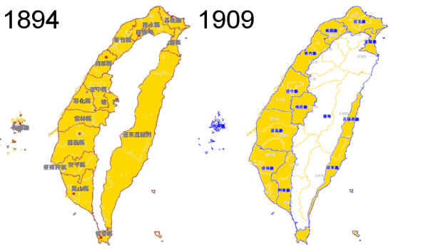  圖八：左為清帝國在台灣的統治區域最大範圍，右為日本殖民政府於 1909 年劃定的行政區域。底圖來自 c 中央研究院，《臺灣歷史文化地圖系統》第一版，（台北，中央研究院，2003 年 9 月）。