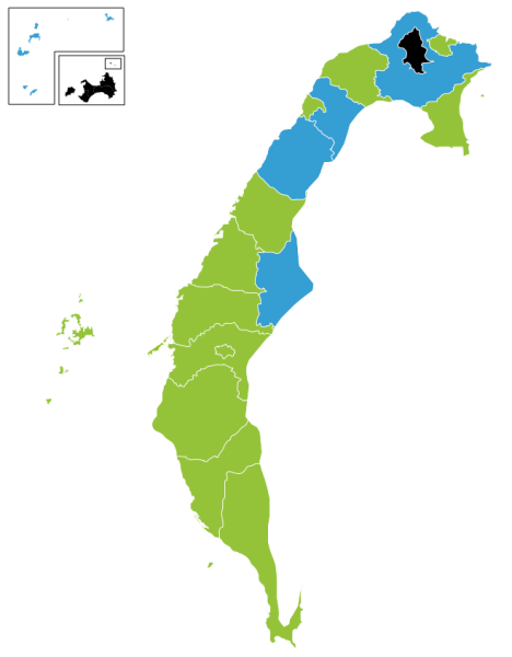 圖二：根據 1901 年隘勇線切割後的台灣 2014 選舉結果圖。選舉結果圖取自：cba Tjs2012 之作品。