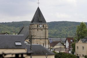 The bell tower of the church is seen after a hostage-taking in Saint-Etienne-du-Rouvray near Rouen in Normandy, France, July 26, 2016. A priest was killed with a knife and another hostage seriously wounded in an attack on a church that was carried out by assailants linked to Islamic State. REUTERS/Pascal Rossignol