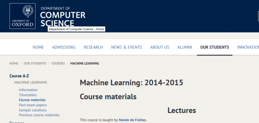  美國牛津大學開放 2014-2015 年的機器學習，與 2016-2017 年的用於處理自然語言的深度學習課程。截圖來源：美國牛津大學電腦科學系官方網站。