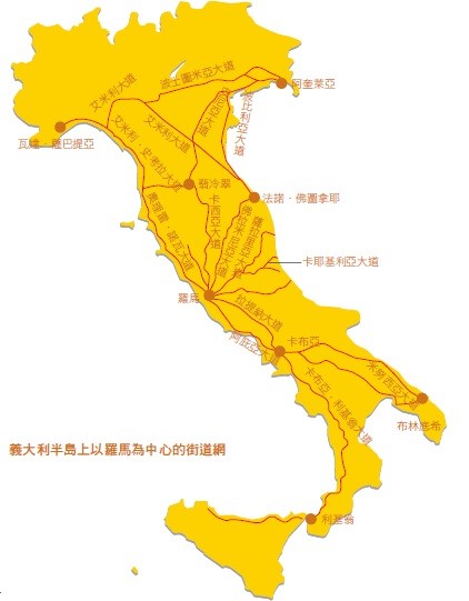  義大利半島上以羅馬為中心的街道網