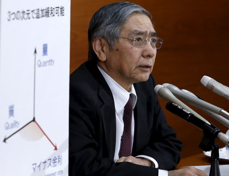Bank of Japan (BOJ) Governor Haruhiko Kuroda speaks next to a panel to explain his policy during a news conference at the BOJ headquarters in Tokyo, Japan, January 29, 2016. The Bank of Japan unexpectedly cut a benchmark interest rate below zero on Friday, stunning investors with another bold move to revive the economy as volatile markets and slowing global growth threaten its efforts to beat deflation. REUTERS/Yuya Shino - RTX24I4S