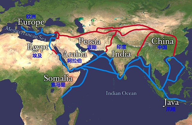  海上絲路及陸上絲路（圖片來源：維基百科）