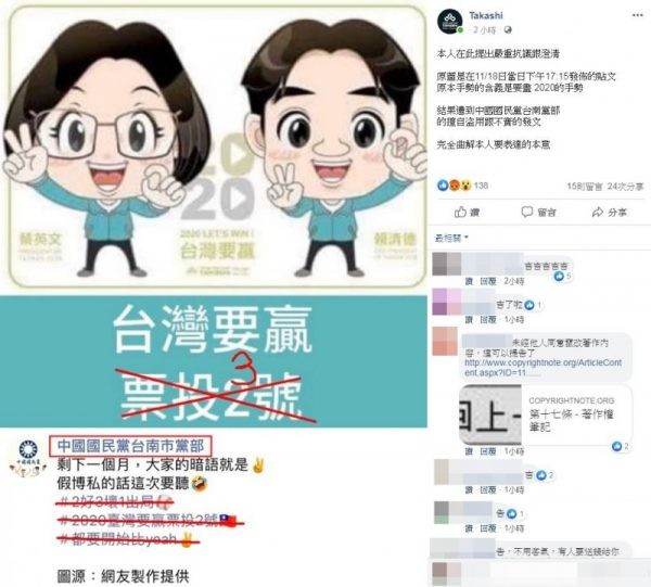 臉書昨晚流傳一張「中國國民黨台南市黨部」粉專貼文，顯示背景為Q版蔡英文、賴清德，但下方標記「台灣要贏，票投2號」，網友質疑恐誤導選民。（圖片來源：由臉書粉專「Takashi」授權提供《報橘》使用）