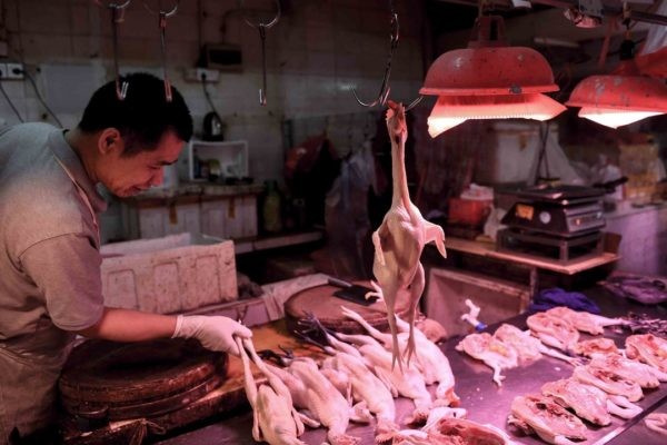 繼2019年取消對美國禽肉進口限制後，中國14日再宣布 解除對美國禽類產品進口限制。圖為廣州一處販賣雞肉 的市場攤位。圖片來源：中央社（中新社提供）