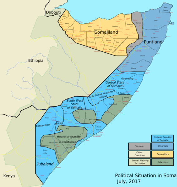 索馬利蘭（黃色區塊）與吉布地（Djibouti）位置相近