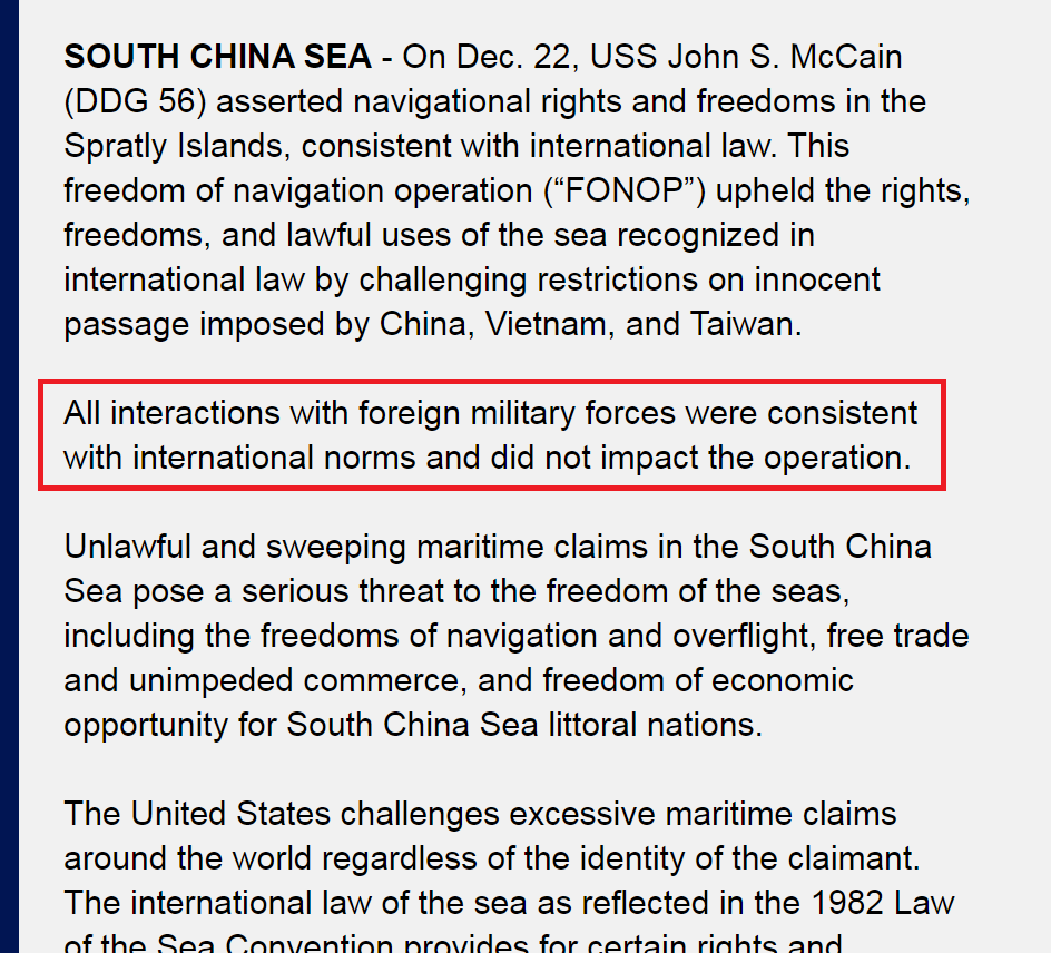 美軍新聞稿指出，航行過程與外國軍隊的所有互動均符合國際準則