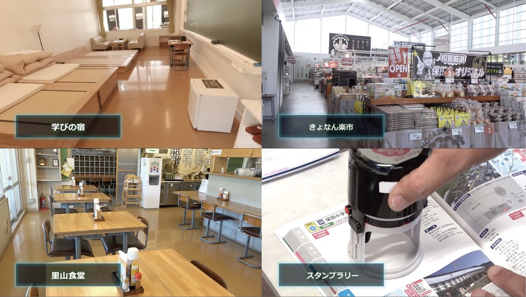 日本保田小學廢校後進行改建，成為複合式觀光設施，食堂、商店、旅館樣樣俱全。